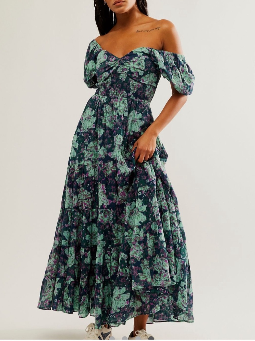 Free People Sundrenched Short-Sleeve
Maxi Dress in Emerald Combo